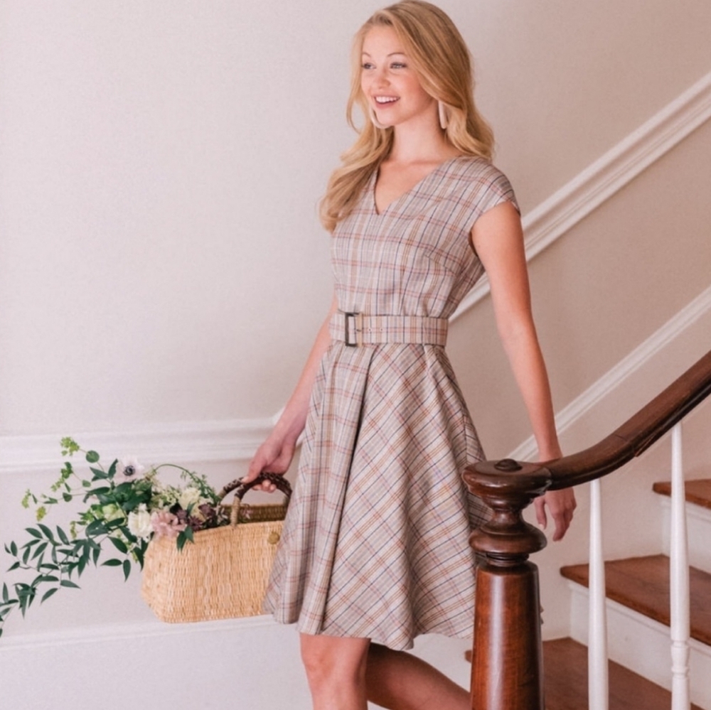 Gal Meets Glam Kelly Plaid Belted Dress